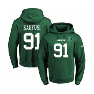 Football Mens New York Jets 91 Bronson Kaufusi Green Name Number Pullover Hoodie