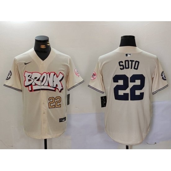 Men New York Yankees 22 Juan Soto Cream The Bronx Graffiti V2 Vapor Limited Stitched Baseball Jersey 1