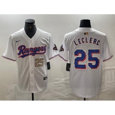 Men Texas Rangers 25 Jose Leclerc White Gold Cool Base Stitched Baseball Jersey 3