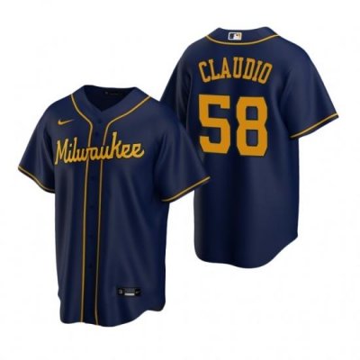 Mens Nike MilWaukee BreWers 58 Alex Claudio Navy Alternate Stitched Baseball Jersey