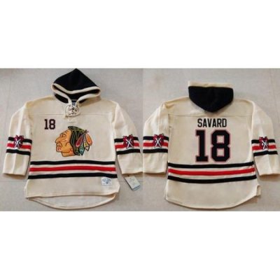 Men Chicago Blackhawks 18 Denis Savard Cream Heavyweight Pullover Hoodie Stitched NHL Jersey