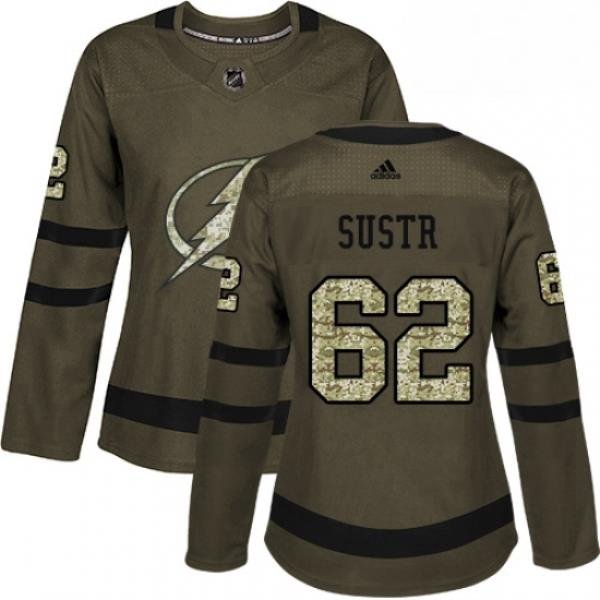 Womens Adidas Tampa Bay Lightning 62 Andrej Sustr Authentic Green Salute to Service NHL Jersey