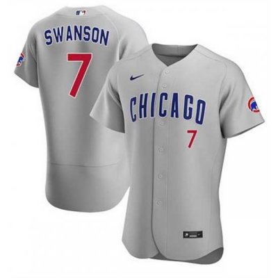 Men Chicago Cubs 7 Dansby SWanson Grey Flex Base Stitched Baseball Jersey