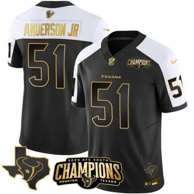 Men Houston Texans 51 Will Anderson Jr  Black White Golden 2023 F U S E  With AFC South Champions Patch And Team Logo Patch Limited Stitched Football Jerse