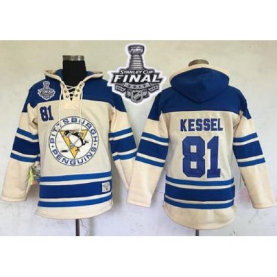 Men Pittsburgh Penguins 81 Phil Kessel Cream Sawyer Hooded Sweatshirt 2017 Stanley Cup Final Patch Stitched NHL Jersey