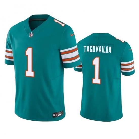 Men Miami Dolphins 1 Tua Tagovailoa Aqua 2023 F U S E Vapor Limited Stitched Football Jersey