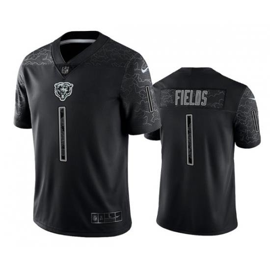 Men Chicago Bears 1 Justin Fields Black Reflective Limited Stitched Football Jersey