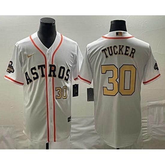 Men's Houston Astros #30 Kyle Tucker Number 2023 White Gold World Serise Champions Patch Cool Base Stitched Jersey1