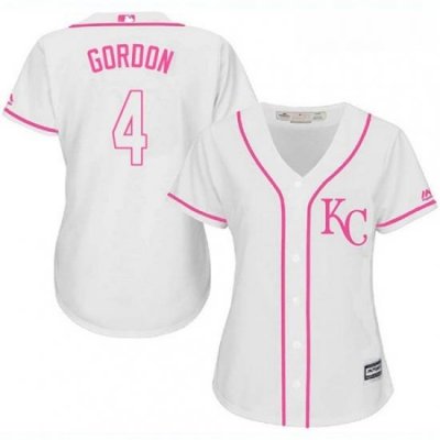 Womens Majestic Kansas City Royals 4 Alex Gordon Authentic White Fashion Cool Base MLB Jersey