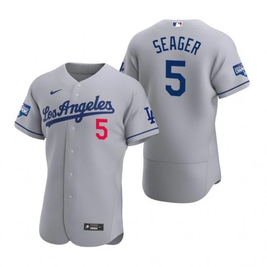 Men Los Angeles Dodgers 5 Corey Seager Gray 2020 World Series Champions Road Flex Base Jersey