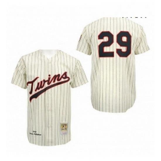 Mens Mitchell and Ness Minnesota TWins 29 Rod CareW Replica CreamBlack Strip ThroWback MLB Jersey