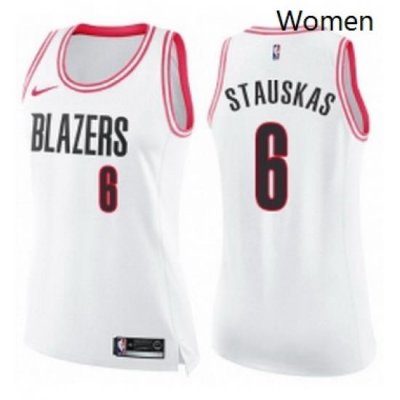 Womens Nike Portland Trail Blazers 6 Nik Stauskas Swingman White Pink Fashion NBA Jersey