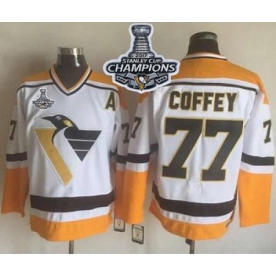 Penguins #77 Paul Coffey White Yellow CCM Throwback 2017 Stanley Cup Finals Champions Stitched NHL Jersey