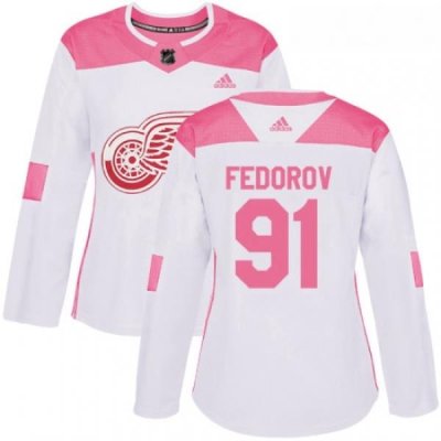 Womens Adidas Detroit Red Wings 91 Sergei Fedorov Authentic WhitePink Fashion NHL Jersey