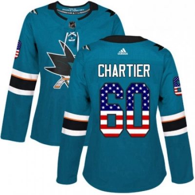 Womens Adidas San Jose Sharks 60 Rourke Chartier Authentic Teal Green USA Flag Fashion NHL Jersey