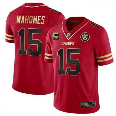 Men Kansas City Chiefs 15 Patrick Mahomes Red Gold With C Patch Stitched Football Jersey