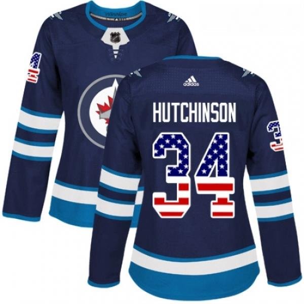 Womens Adidas Winnipeg Jets 34 Michael Hutchinson Authentic Navy Blue USA Flag Fashion NHL Jersey