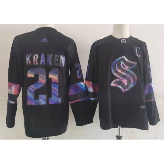 Men Seattle Kraken 21 Kraken Black Iridescent Holographic Authentic Jersey