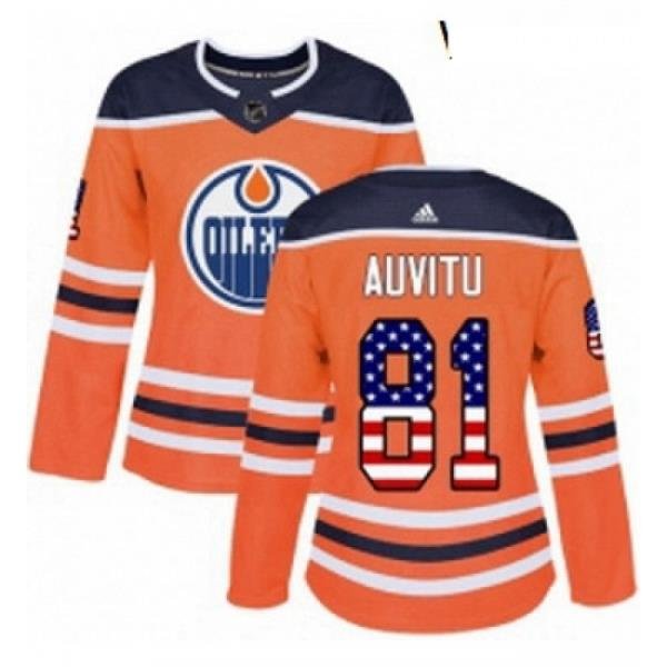 Womens Adidas Edmonton Oilers 81 Yohann Auvitu Authentic Orange USA Flag Fashion NHL Jersey