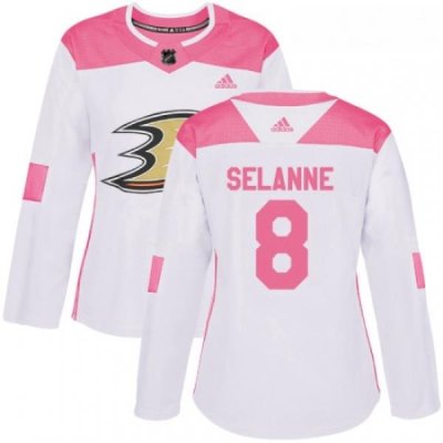 Womens Adidas Anaheim Ducks 8 Teemu Selanne Authentic WhitePink Fashion NHL Jersey