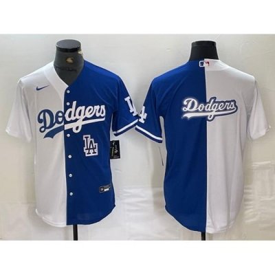 Men Los Angeles Dodgers Team Big Logo White Blue Split Cool Base Stitched Baseball Jersey 8