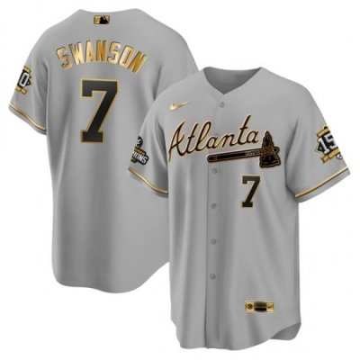 Men Atlanta Braves 7 Dansby SWanson 2021 Grey Gold World Series Champions With 150th Anniversary Patch Cool Base Stitched Jersey