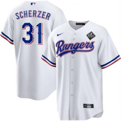 Men Texas Rangers 31 Max Scherzer 2023 White World Series Stitched Baseball Jersey