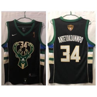 Men Bucks 34 Giannis Antetokounmpo Black Nike 2021 NBA Finals Champions Swingman Jersey