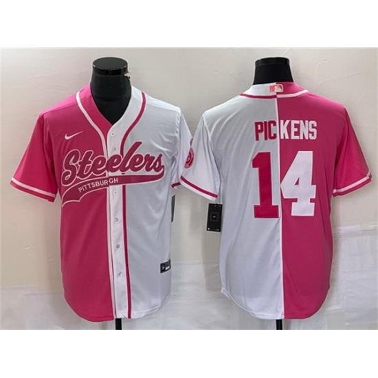 Men Pittsburgh Steelers 14 George Pickens White Pink Split Cool Base Stitched Baseball Jersey