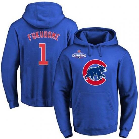 Men Chicago Cubs 1 Kosuke Fukudome Blue 2016 World Series Champions Primary Logo Pullover MLB Hoodie