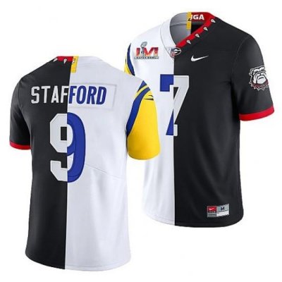 Men Los Angeles Rams X Georgia Bulldogs 9 Matthew Stafford Black White Split Super Bowl LVI Stitched Jerse