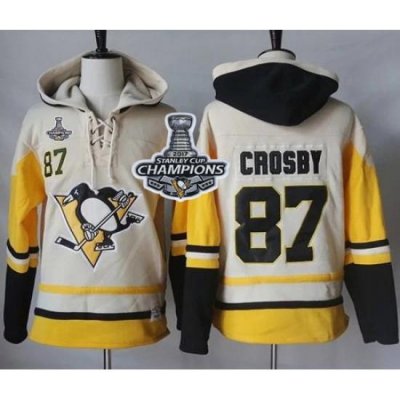 Men Pittsburgh Penguins 87 Sidney Crosby Cream Gold Sawyer Hooded Sweatshirt 2017 Stanley Cup Finals Champions Stitched NHL Jersey