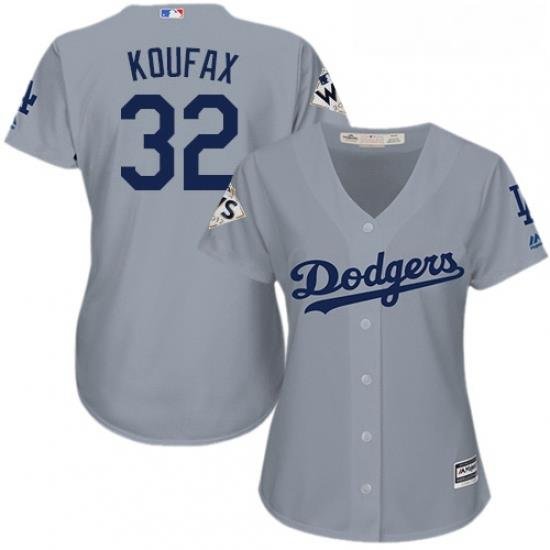 Womens Majestic Los Angeles Dodgers 32 Sandy Koufax Replica Grey Road 2017 World Series Bound Cool Base MLB Jersey