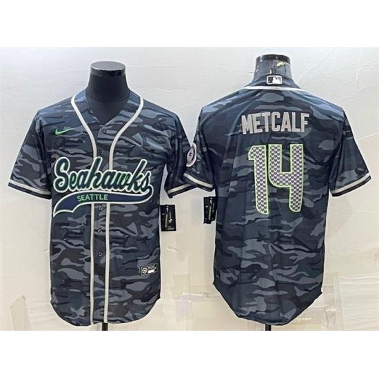 Men Seattle Seahawks 14 DK Metcalf Grey Camo With Patch Cool Base Stitched Baseball Jersey