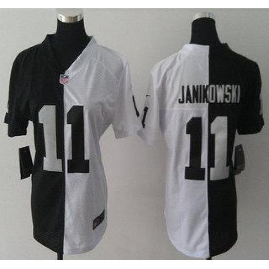 Womens Nike Oakland Raiders 11 Sebastian Janikowski Black and White Split NFL Jersey