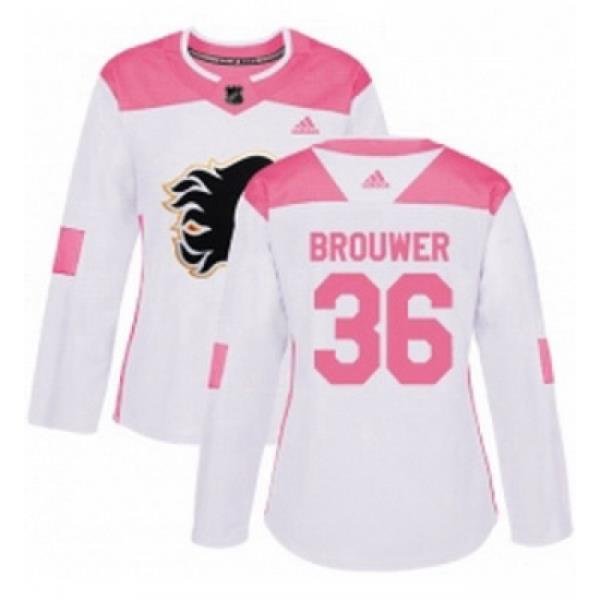 Womens Adidas Calgary Flames 36 Troy Brouwer Authentic WhitePink Fashion NHL Jersey