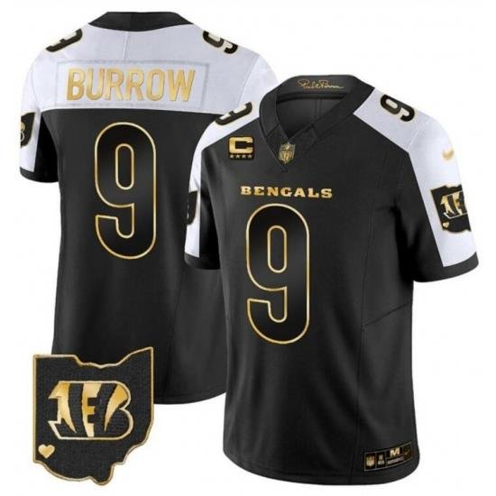 Men Cincinnati Bengals 9 Joe Burrow Black 2023 F U S E With 4 Star C Patch Gold Vapor Untouchable Limited Stitched Jersey