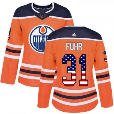 Womens Adidas Edmonton Oilers 31 Grant Fuhr Authentic Orange USA Flag Fashion NHL Jersey