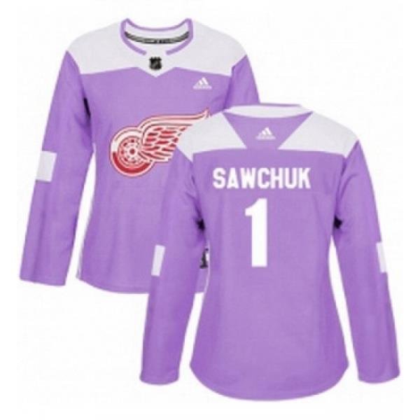 Womens Adidas Detroit Red Wings 1 Terry Sawchuk Authentic Purple Fights Cancer Practice NHL Jersey