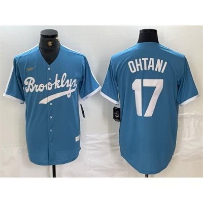 Men Los Angeles Dodgers 17 Shohei Ohtani Light Blue ThroWback Cool Base Stitched Baseball Jersey