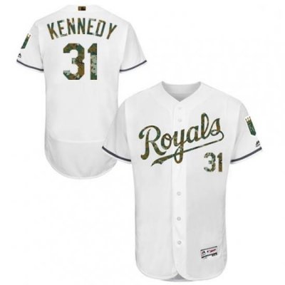 Mens Majestic Kansas City Royals 31 Ian Kennedy Authentic White 2016 Memorial Day Fashion Flex Base Jersey