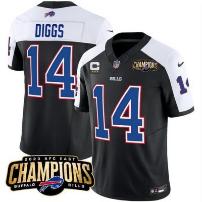 Men Buffalo Bills 14 Stefon Diggs Black White 2023 F U S E  AFC East Champions With 3 Star C Ptach Stitched Football Jersey