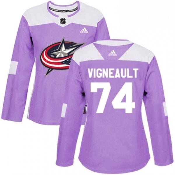 Womens Adidas Columbus Blue Jackets 74 Sam Vigneault Authentic Purple Fights Cancer Practice NHL Jersey