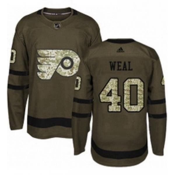 Mens Adidas Philadelphia Flyers 40 Jordan Weal Authentic Green Salute to Service NHL Jersey