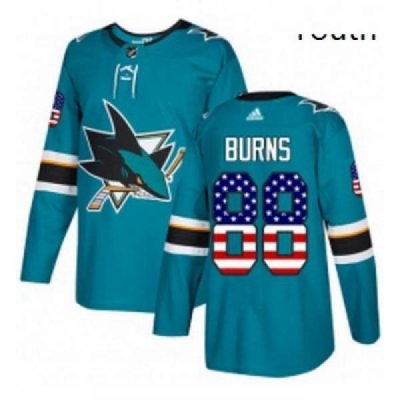 Youth Adidas San Jose Sharks 88 Brent Burns Authentic Teal Green USA Flag Fashion NHL Jersey