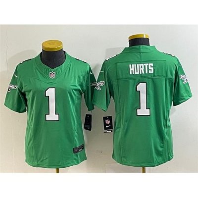 Women Philadelphia Eagles 1 Jalen Hurts Green 2023 F U S E  Stitched Football Jersey  Run Small