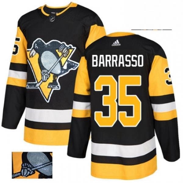 Mens Adidas Pittsburgh Penguins 35 Tom Barrasso Authentic Black Fashion Gold NHL Jersey