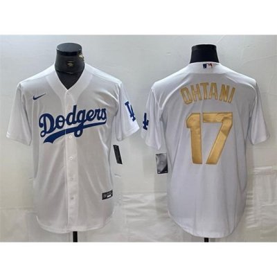 Men Los Angeles Dodgers 17 Shohei Ohtani White Gold Cool Base Stitched Baseball Jersey