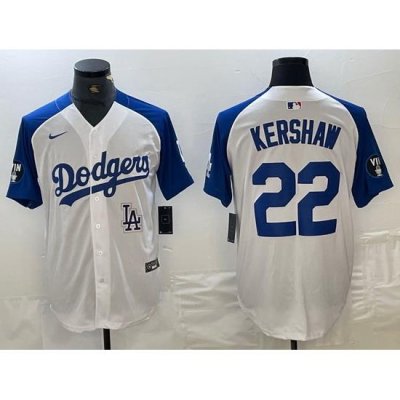 Men Los Angeles Dodgers 22 Clayton KershaW White Blue Vin Patch Cool Base Stitched Baseball Jersey 1