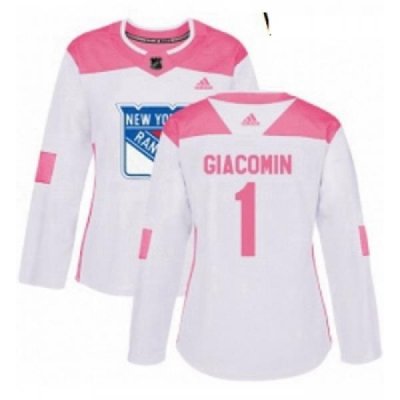 Womens Adidas New York Rangers 1 Eddie Giacomin Authentic WhitePink Fashion NHL Jersey